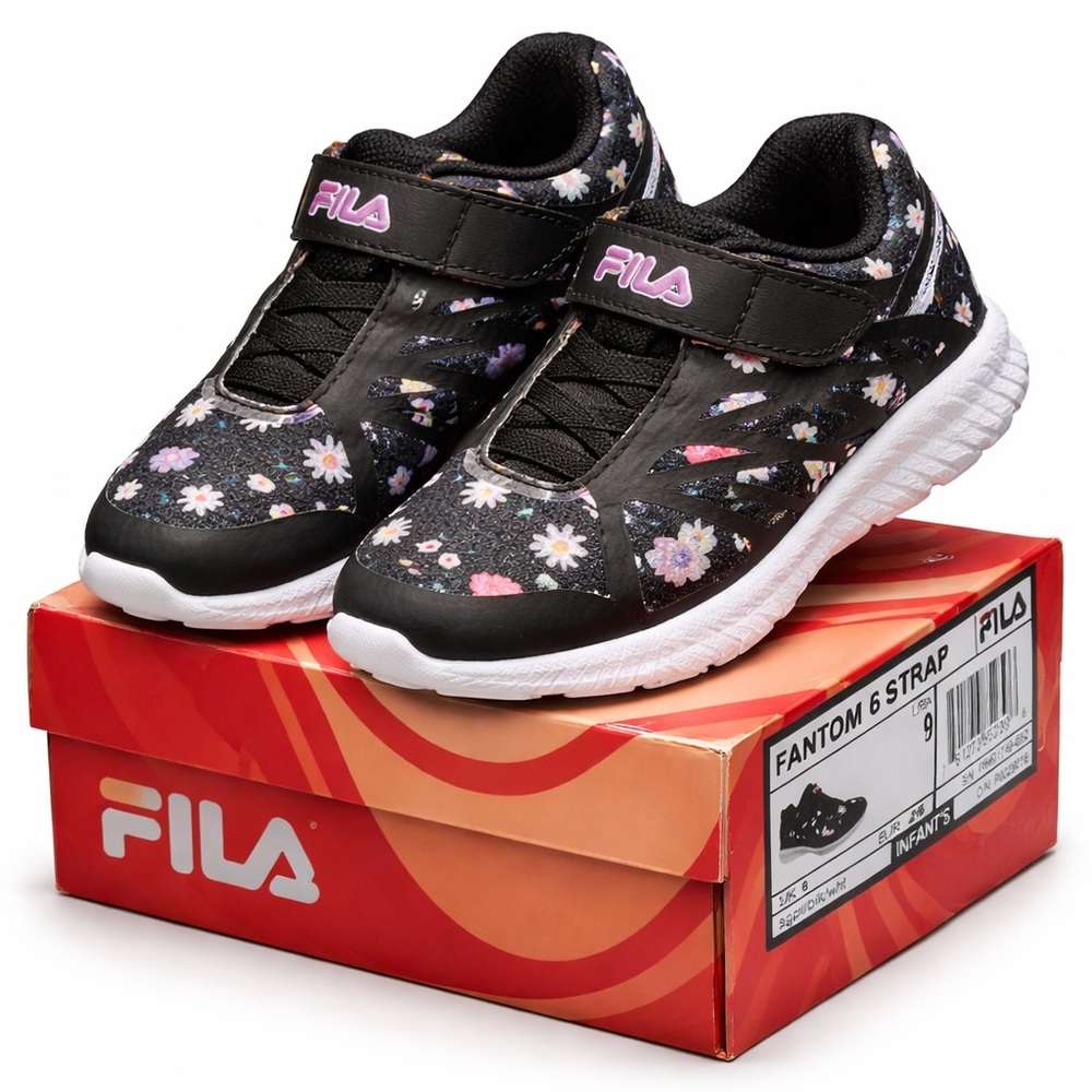 FILA Fantom 6 Strap Infant Sneakers Black Floral Print Size 9 NIB